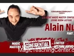Alain Nu performing a sophisticated mentalism trick, possibly a book test or divination, during his Magic Masters Confidential Part 2 video lecture.