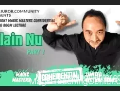 Alain Nu performing a card trick and demonstrating spoon bending, showcasing mentalism and magic techniques in his Magic Masters Confidential Part 1 lecture video.