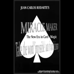 Ebook cover for Juan Carlos Rodarte's Miracle Maker, featuring a signed playing card visually transforming or restoring, representing advanced card magic techniques.