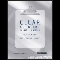Morris Cohen's Clear Clipboard Impression System ebook cover featuring a transparent acrylic clipboard, plain paper, and pencil, illustrating the simple setup for capturing spectator impressions in mentalism.