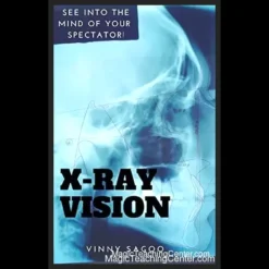 XRay Vision by Vinny Sagoo ebook cover showing a magician revealing a mentally selected playing card from inside a closed card box, emphasizing mentalism and impossible card magic.