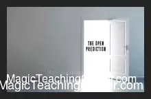 Matt Johnson performing 'The Open Prediction' card trick, showing a predicted card matching a spectator's freely chosen card from a borrowed, shuffled deck on a table.