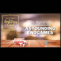 Magic video tutorial cover for 'Ambitious Card Endgames' showing a playing card visually appearing or rising through a deck held by a magician's hands, demonstrating advanced card magic techniques.