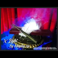 X Light by Kingsley Xu magic prop in action, showing a feather seemingly materializing from a beam of light, held by a magician on stage.