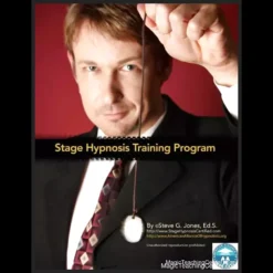 Ebook cover of Steve G Jones' Stage Hypnosis Program, featuring a stage hypnotist captivating an audience under spotlight, signaling professional hypnotist training.