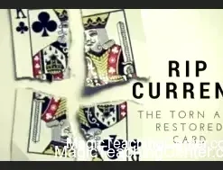 Magic trick featuring Rip Current: The Torn & Restored Card by Conjuror Community, showing a playing card being visibly restored after being torn.