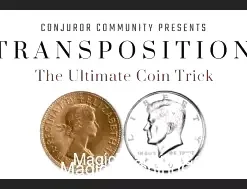 Video course cover for 'Transposition: The Ultimate Coin Trick' by Conjuror Community, featuring a close-up of a magician's hands performing a classic copper-silver coin transposition.