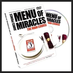 James Prince's 'Menu of Miracles Vol. 3' DVD cover, showcasing a collection of advanced close-up and impromptu magic, including card, coin, and ring routines.