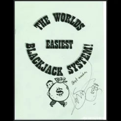 Ebook cover for Simon Lovell's The World's Easiest Blackjack System, featuring strategic playing cards and casino chips.