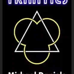 Ebook cover for Trinities by Michael Daniels, featuring a mysterious design with playing cards and an open classic book, symbolizing a powerful two-phase self-working mind-reading card divination and book test mentalism routine.