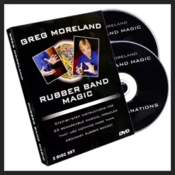 Greg Moreland's 'Rubber Band Magic' DVD cover, showcasing dynamic rubber band illusions and the instructor, ideal for learning 22 magic tricks.