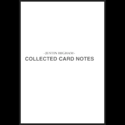 Ebook cover for Justin Higham's Collected Card Notes, showcasing a stylized design with playing card elements and the author's name, symbolizing advanced card magic techniques and secrets.