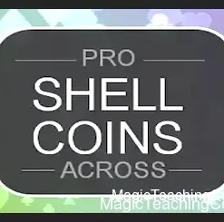Professional magician demonstrating the Shell Coins Across illusion, showcasing an expanded shell coin, as taught in the Conjuror Community video tutorial for mastering classic coin magic tricks.