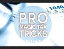 Conjuror Community Pro Magic Tax Tricks video training program cover, featuring a professional magician confidently managing business tax documents and financial records.