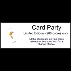 Ebook cover for Lewis Jones' 'Card Party,' depicting a stylized deck of cards with magical elements and vibrant typography, promising advanced card magic tricks and illusions.