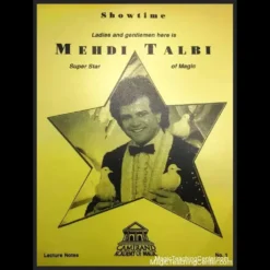 Ebook cover for 'Showtime by Mehdi Talbi' featuring a magician's silhouette or stage lights, highlighting the themes of performance and classic magic illusions like a floating cigarette or transforming silk.