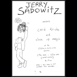Cover image for the Jerry Sadowitz Athenaeum Theatre Programme Ebook, featuring the title and a striking portrait of Jerry Sadowitz, highlighting elements of magic and comedy.