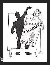 An Airborne Box illusion by Illusion Systems showing a magician presenting a cardboard box levitating mid-air, with an assistant emerging from the top, set on a dark stage.